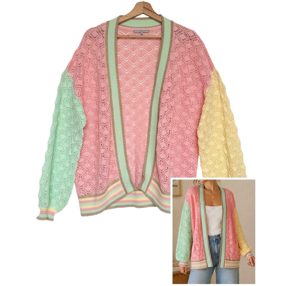Oliver Bonas Oversized Pastel Gold Shimmer Cardigan Cotton Colorblock UK 8 US 4